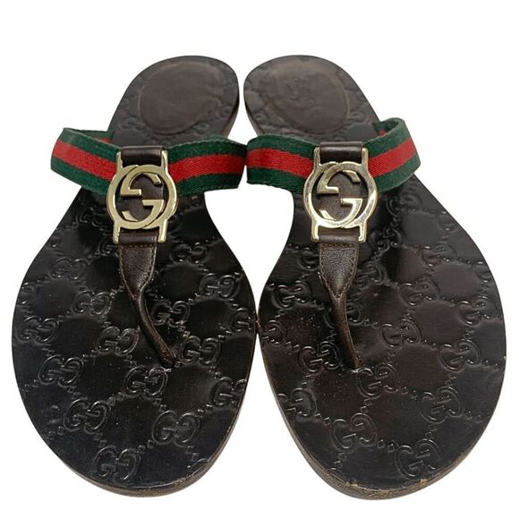 Gucci GG Web Stripe Thong Sandals EU 38.5 US 8.5 Brown Flip Flop Slide Flat Heel - Picture 2 of 13